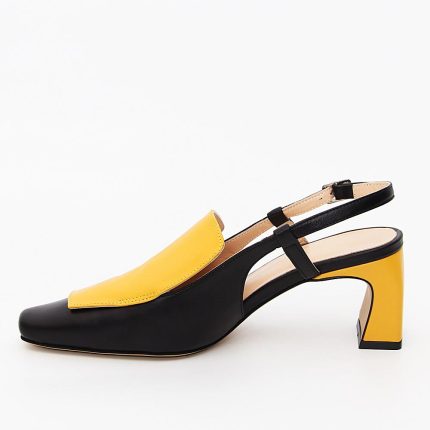Lina Black Yellow Tuscany Leather Mid Heel Slingback Pumps